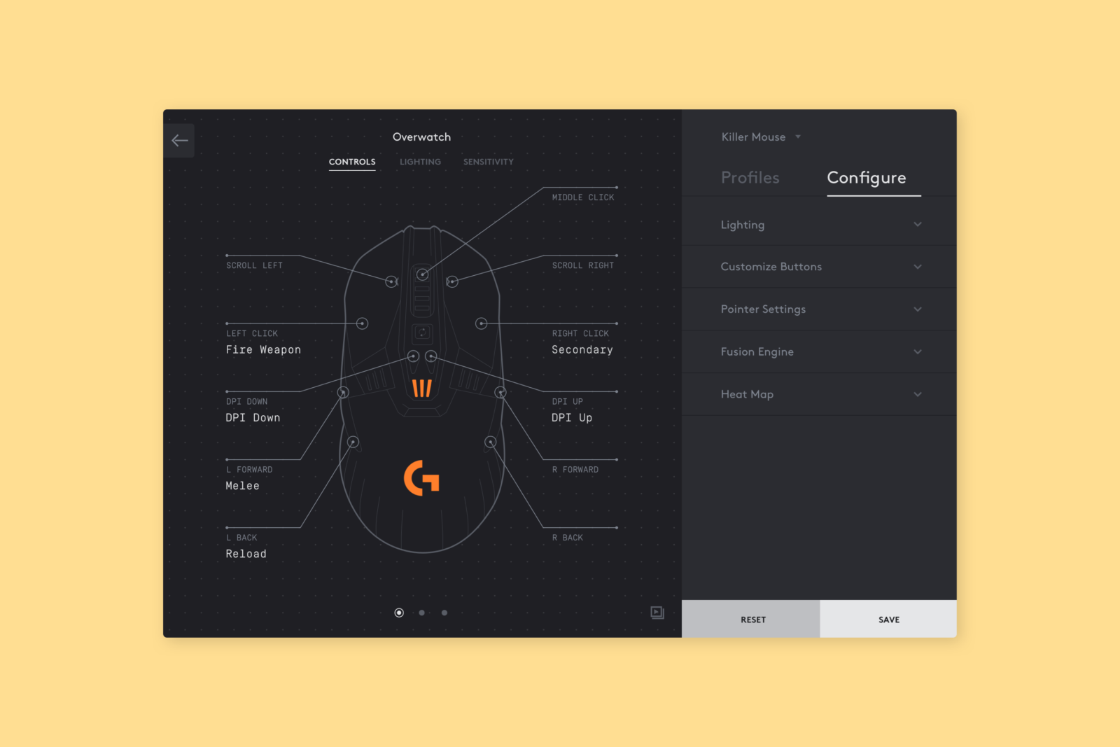 Mouse Configuration— Device is presented as a blueprint in configuration mode, as if peering into the device.