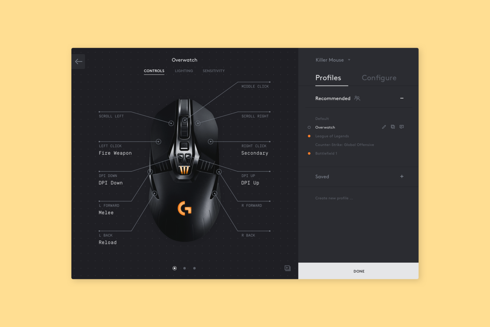 Mouse Overview— Users can see an overview of their profiles, sorted by game title.