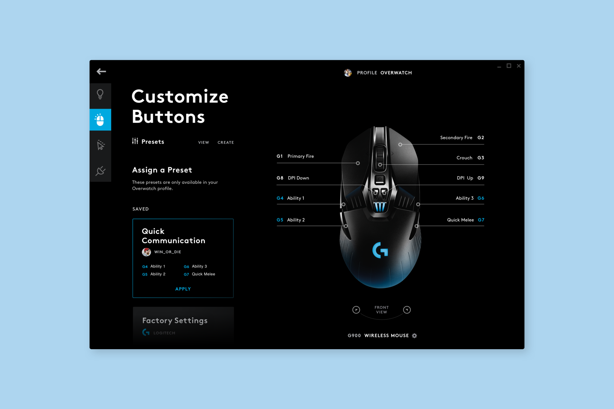 Mouse Configuration Presets— Presets are opened to reveal all user-saved or user-generated presets. Once selected, the preset expands to reveal a CTA in order to confirm the selection.