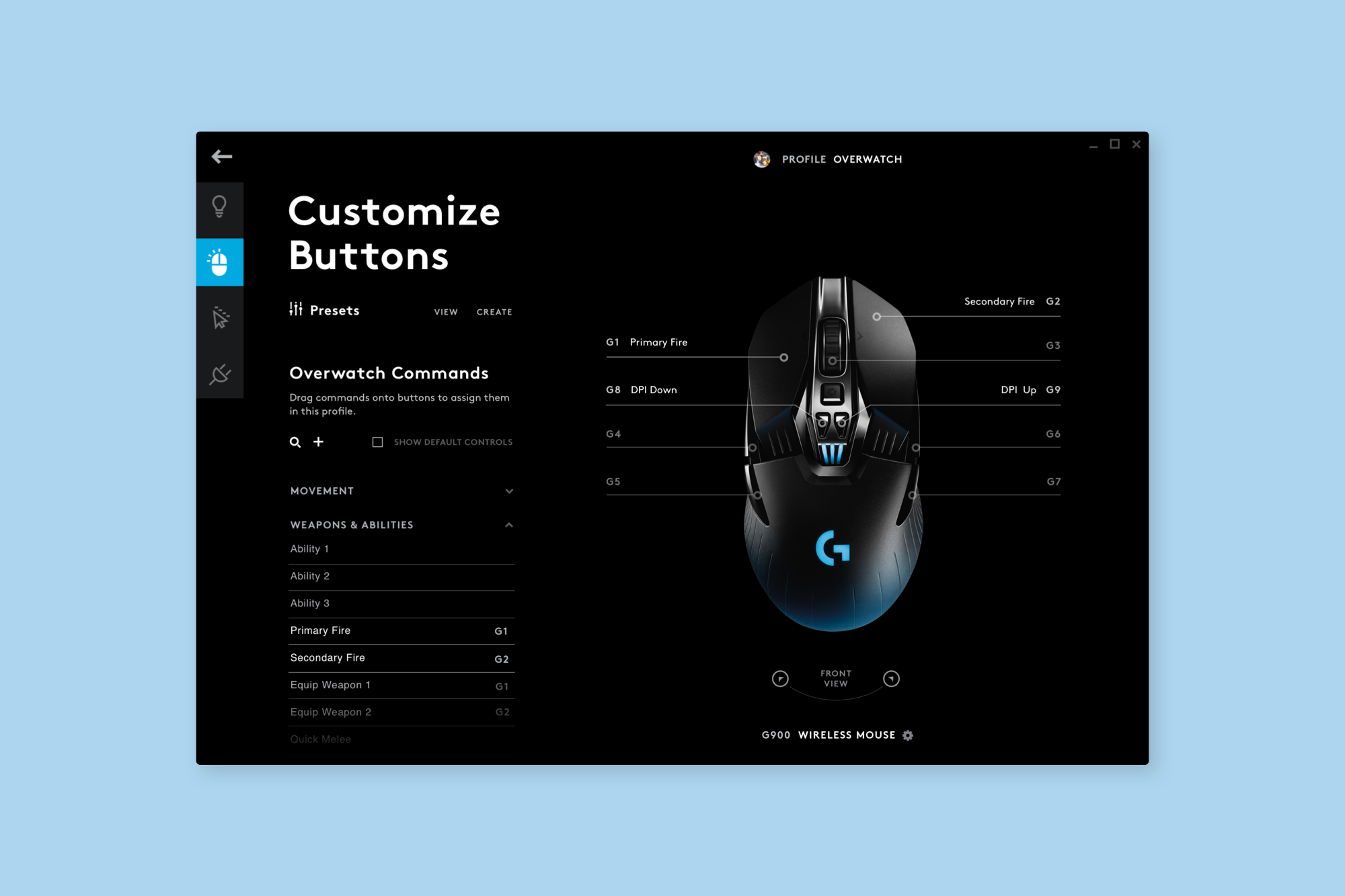 Mouse Button Configuration— This screen allows the user to modify the individual buttons on their device.