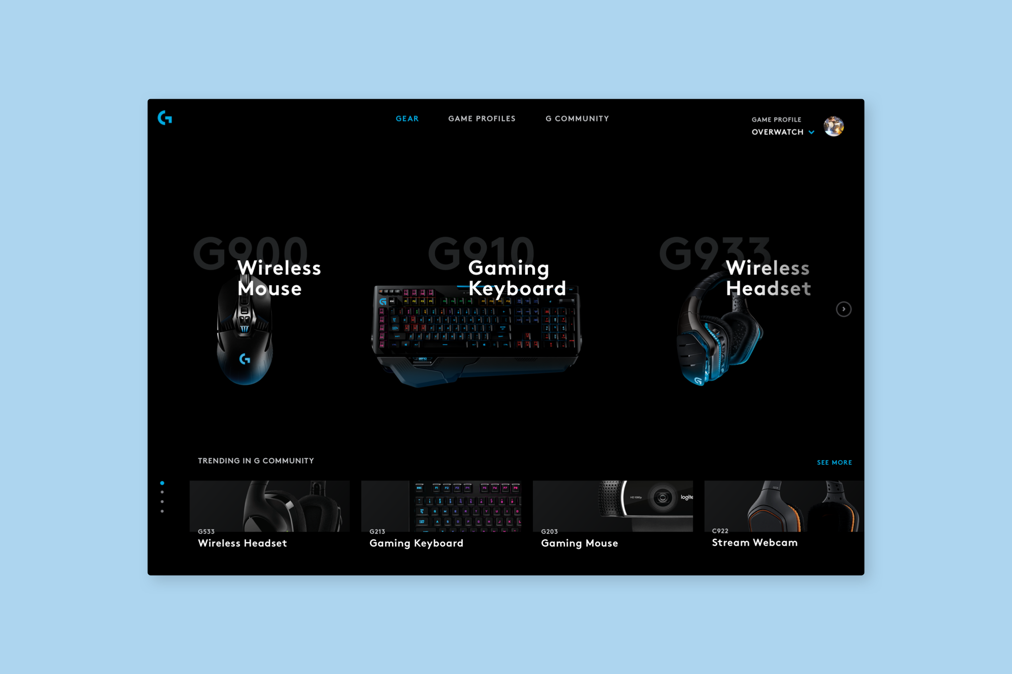 Home— Top carousel contains all active gear (currently plugged in) and gear user has used in the past. Bottom carousel contains Logitech curated content. Demo Gear is a form of curated content that highlights more gear the user might like based on what they currently own.