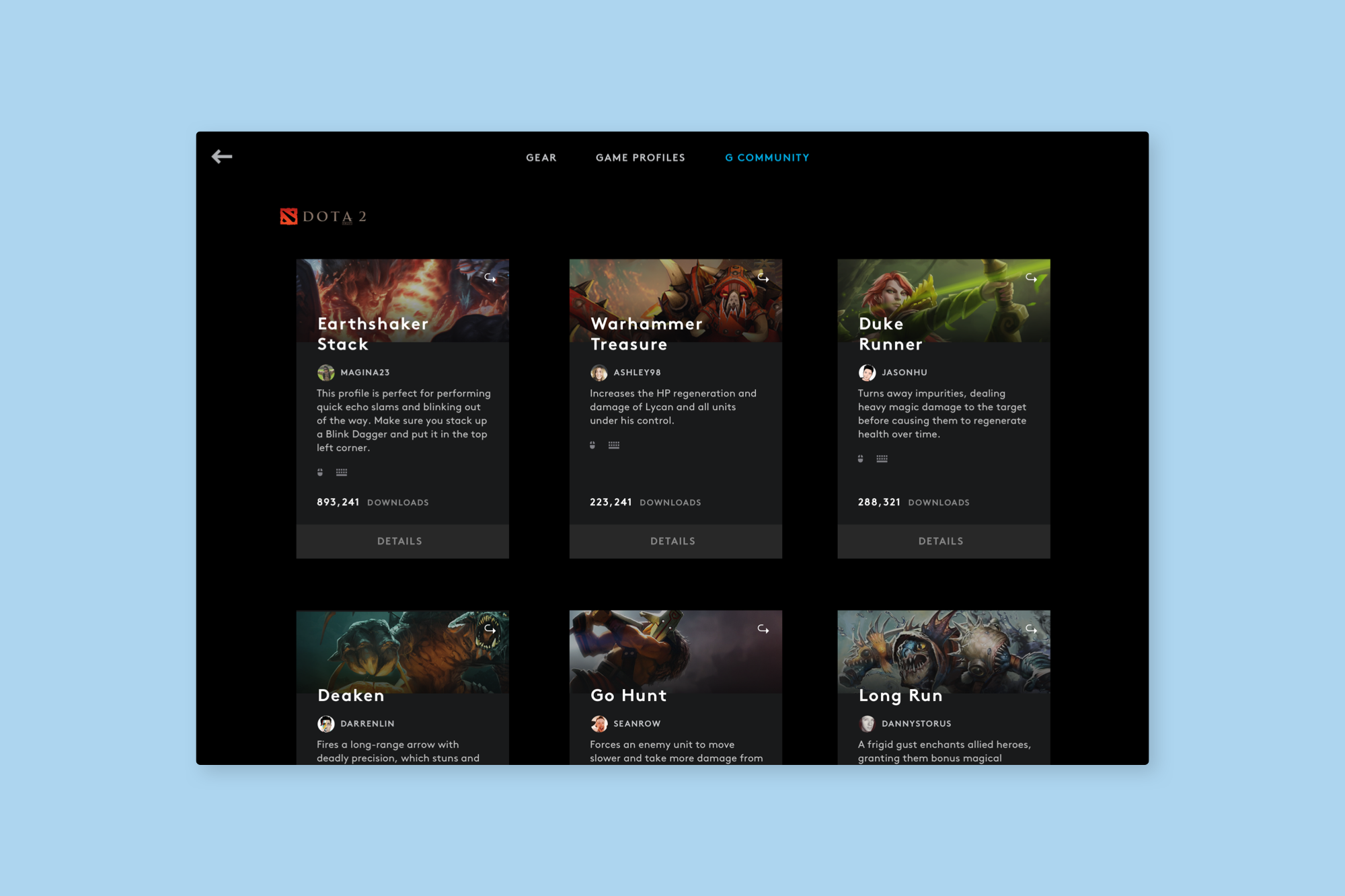 Community Profiles— Each game has a home with user-generated game profiles, sortable by popularity, trending, devices used, etc.