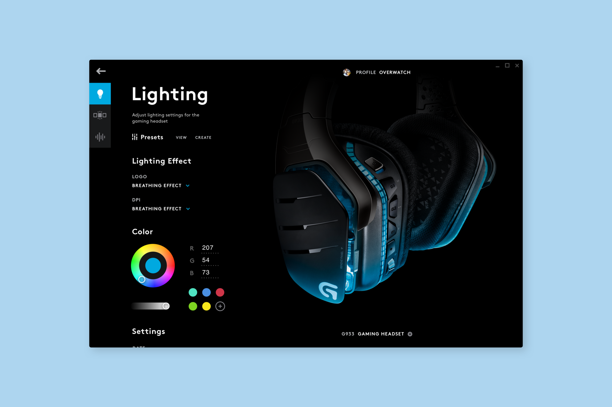 Headset Lighting Configuration— Lighting color and pulse effects.