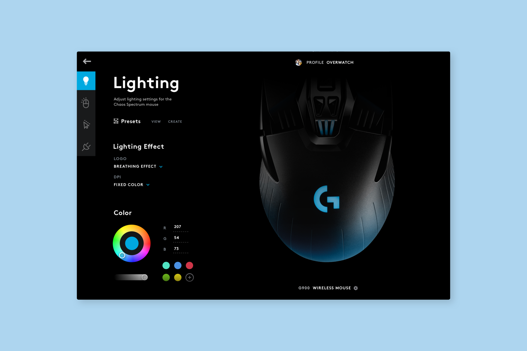 Mouse Lighting Configuration— This screen allows the user to change lighting color and effects for Logo and DPI Lighting independently.