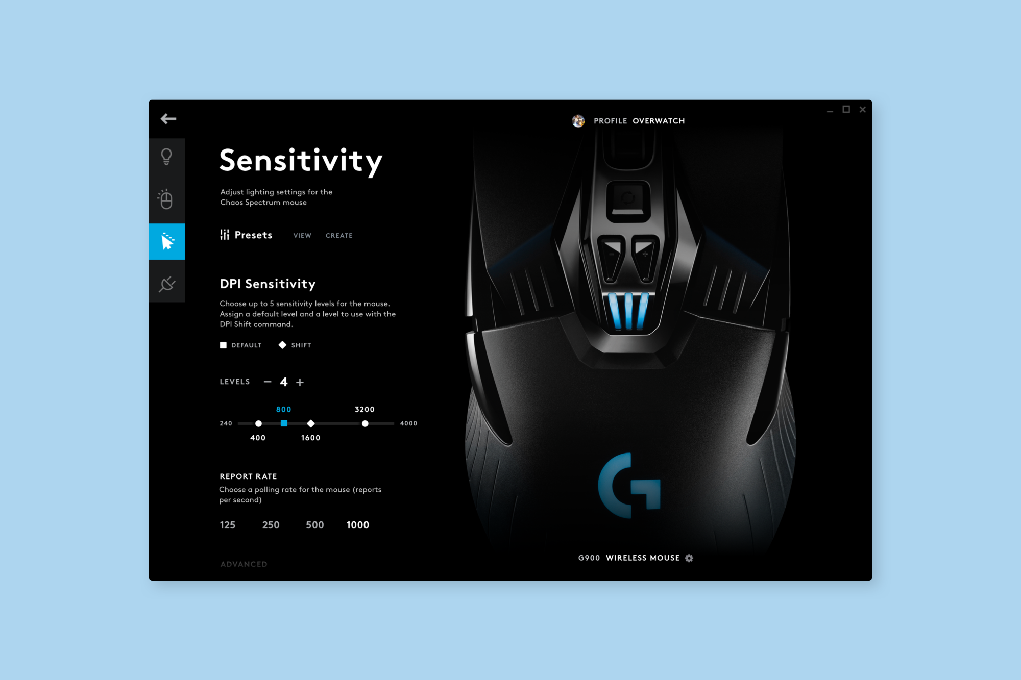 Mouse Sensitivity Configuration— This screen allows users to change DPI settings.